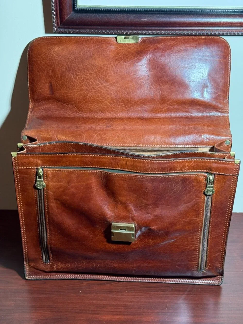 OLD ANGLER Cognac Italian Leather Brown Men's Flap Over Briefcase Made in Italy